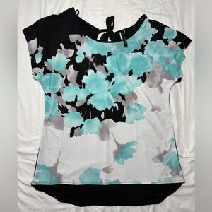 Rendezvous Womens Floral Print Tie-Back Top in Aqua and Black